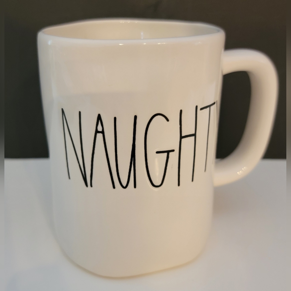 Rae Dunn Christmas Mug "NAUGHTY " - black print on a white background by Magenta